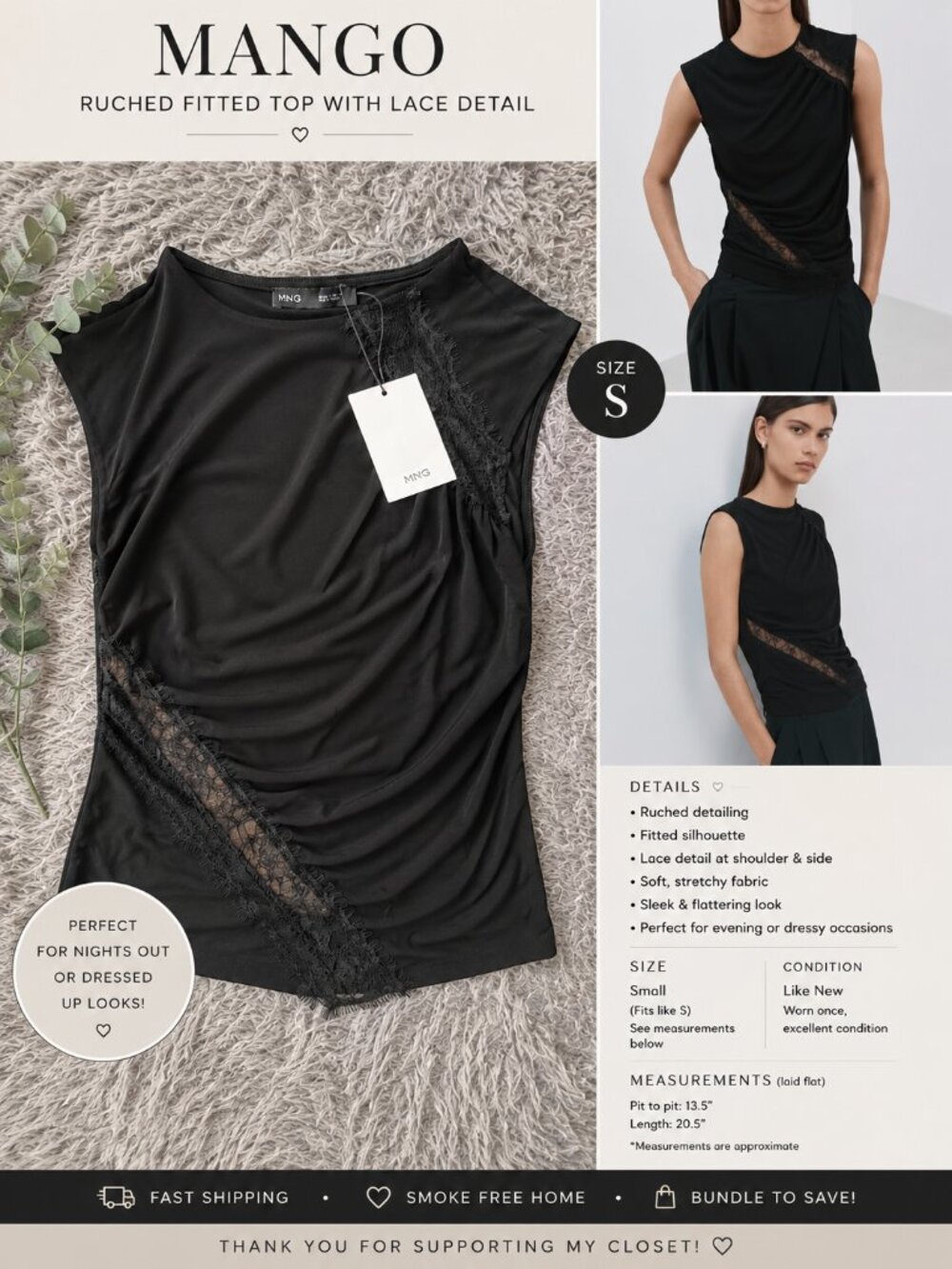 NWT Mango Black Ruched Lace Detail Top Size Small Party Evening Blouse
